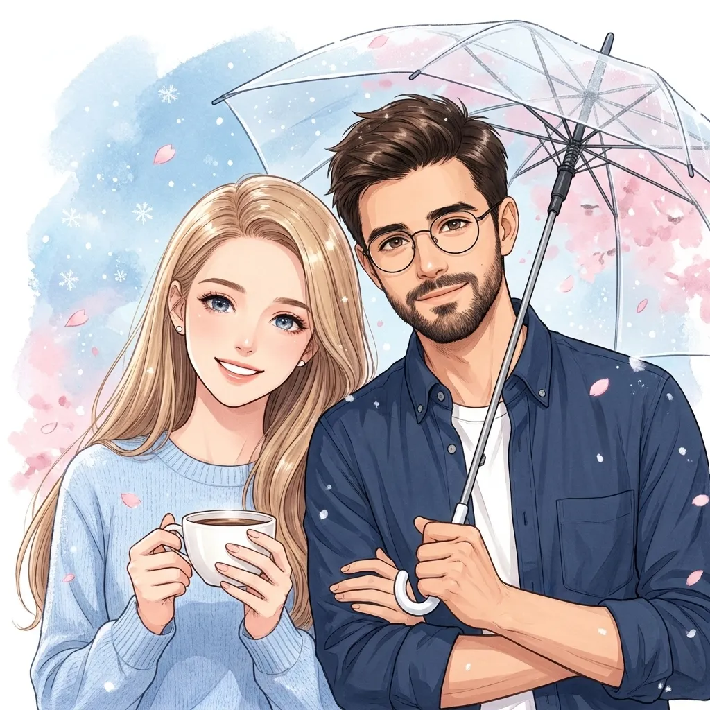 Snowlight Café manga avatar of Emily and Noah sharing an umbrella