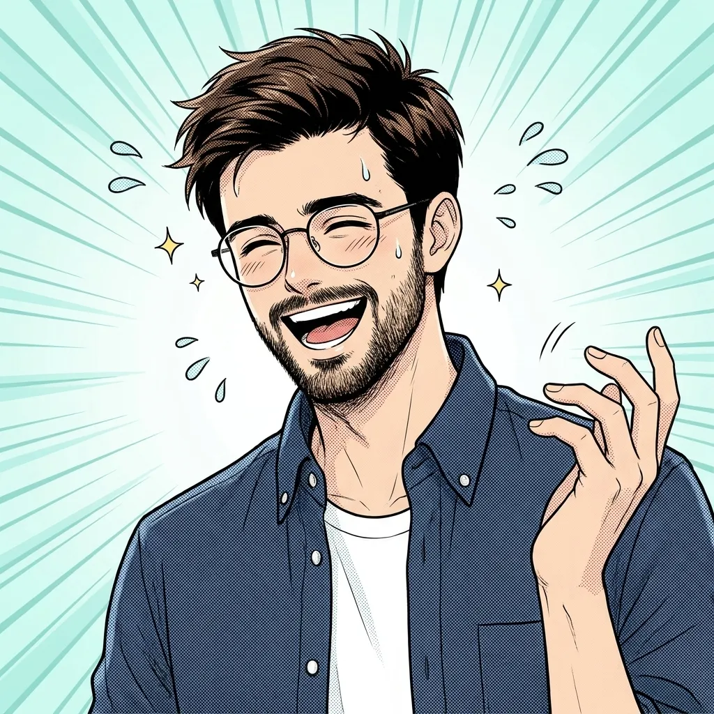 Snowlight Café expressive manga avatar of Noah laughing