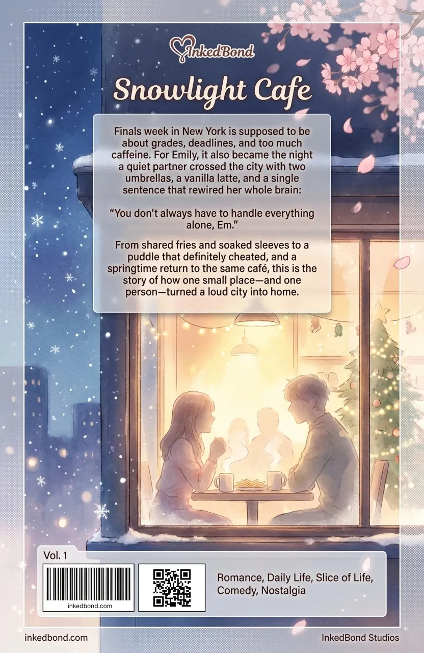 Back cover of the Snowlight Café collector's edition, showing the story synopsis and a snowy café scene