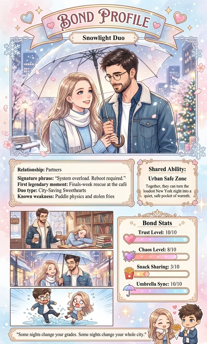 Snowlight Café bond profile showing the couple's shared moments, relationship details and bond statistics