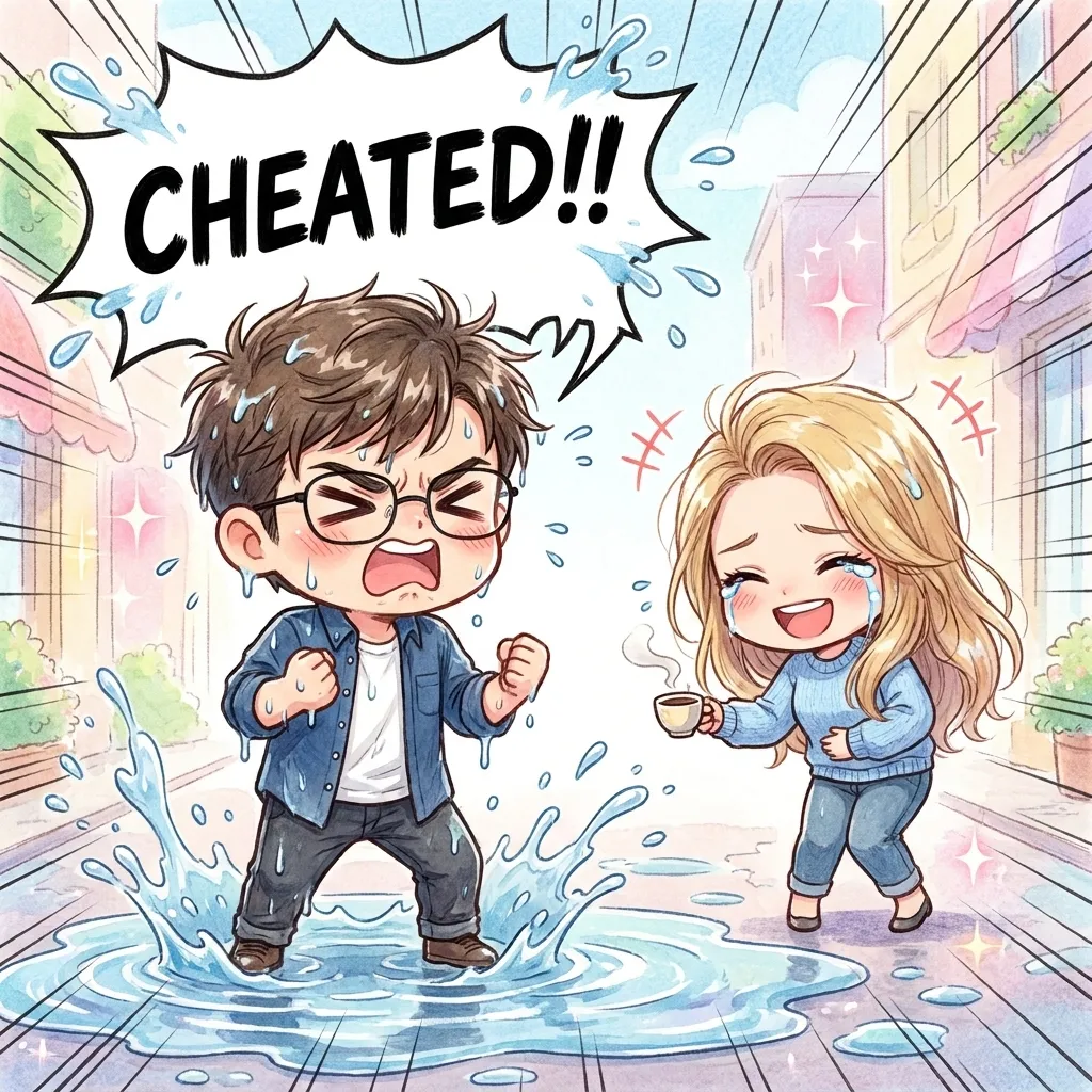 Snowlight Café chibi scene of Emily laughing after Noah steps into a puddle