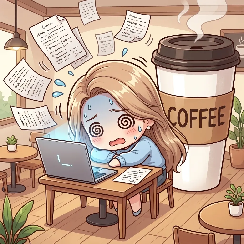 Snowlight Café chibi scene of Emily overwhelmed by study notes and coffee