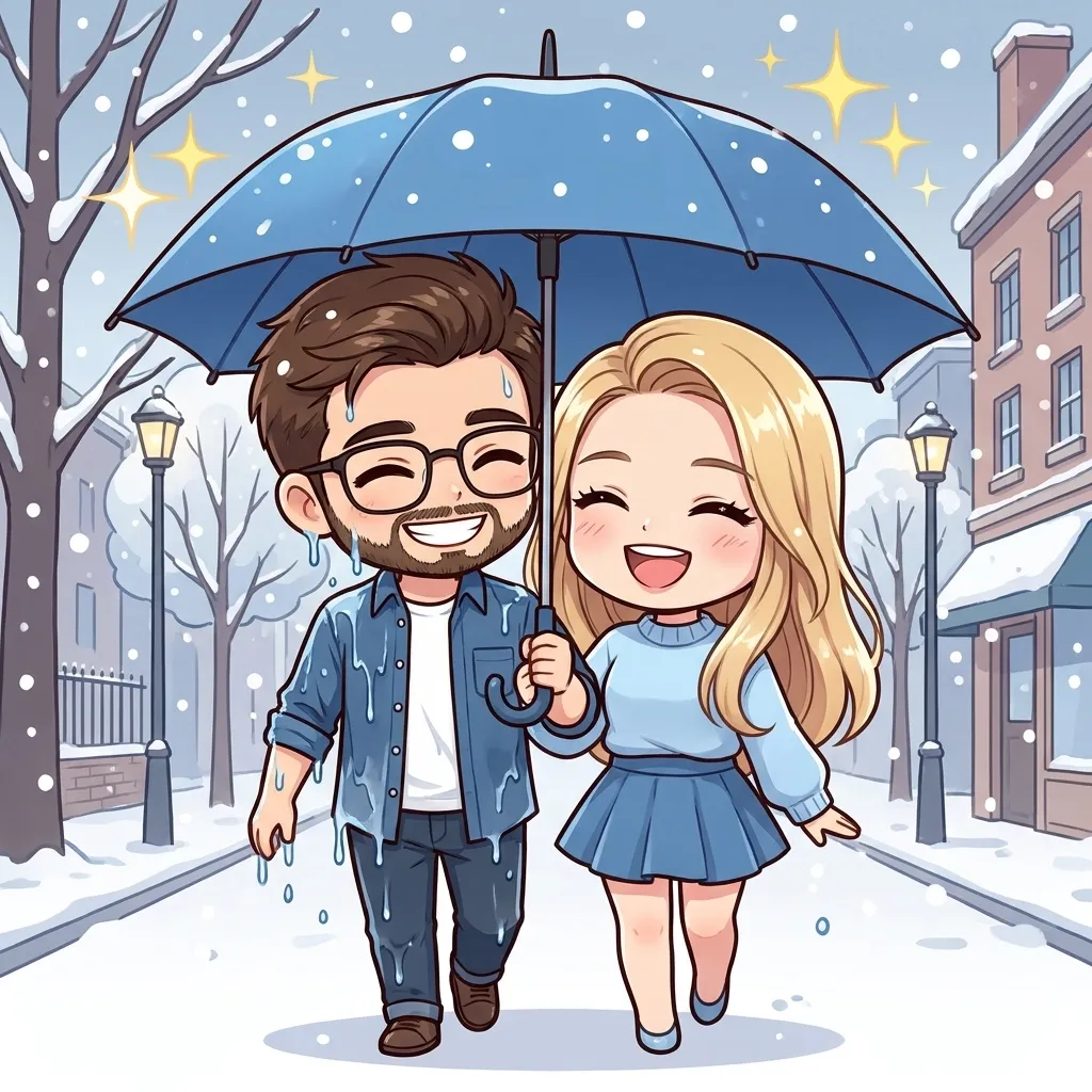 Snowlight Café chibi scene of Emily and Noah walking beneath an umbrella in the snow