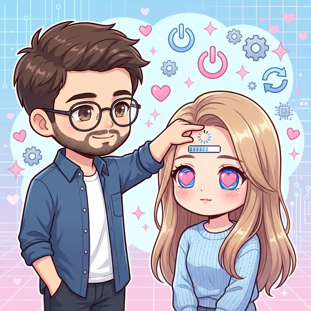 Snowlight Café chibi scene of Noah playfully recharging Emily