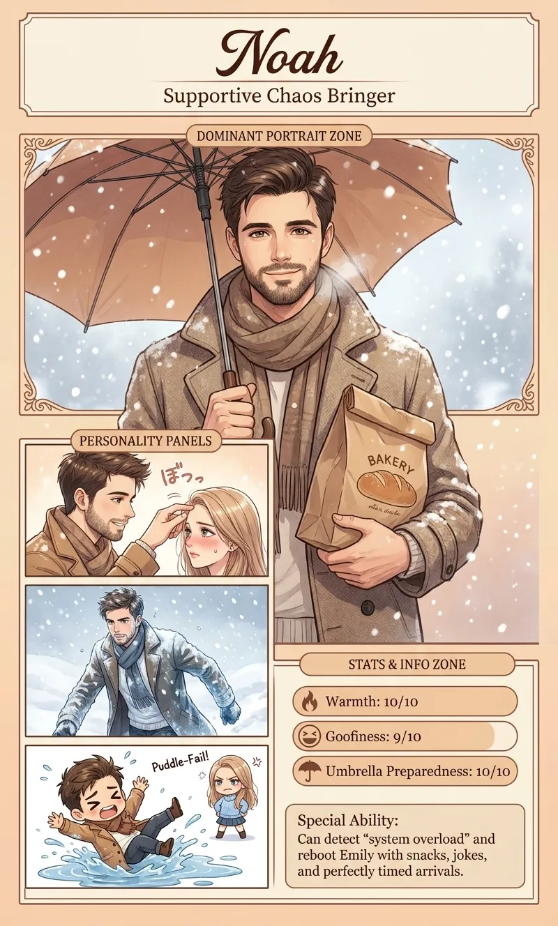 Snowlight Café character profile for Noah, including his portrait, personality moments and story traits
