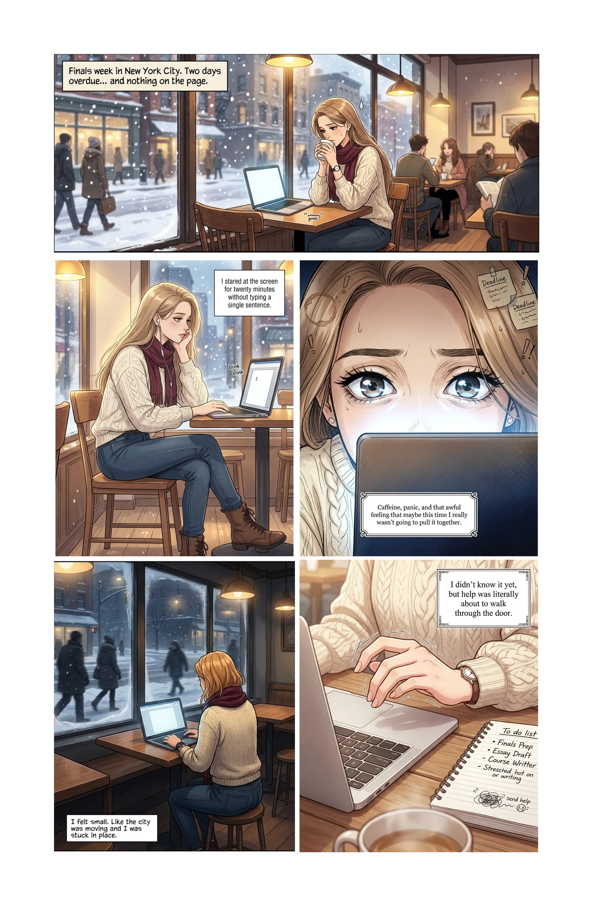 Snowlight Café manga scene of a character surrounded by treasured photographs