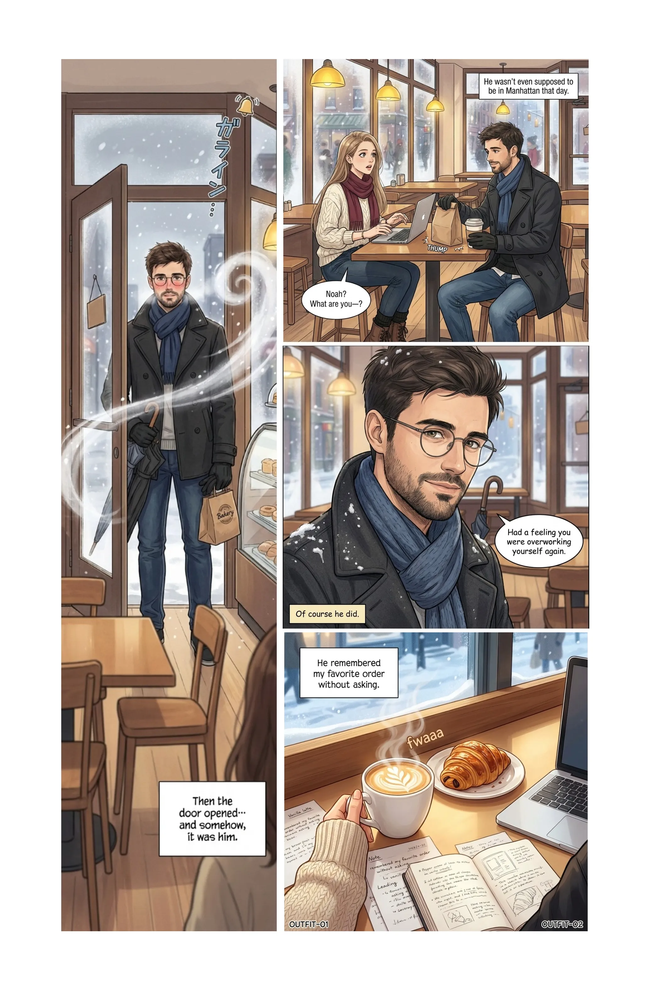 Snowlight Café manga scene of a couple walking together through a snowy street