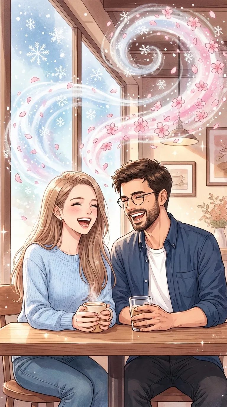 Snowlight Café phone wallpaper of Emily and Noah laughing together at the café